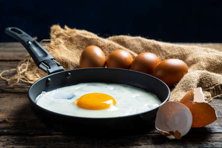 Fried eggs in a pan ready to eat in the morning.の写真素材