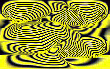 Optical illusion distorted wave. Abstract horizontal stripes vector design. Surreal pattern with black line isolated on yellow backgroundのイラスト素材