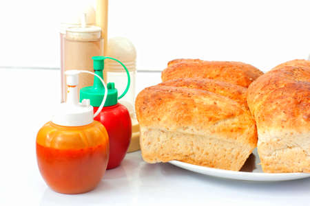 Whole Wheat Bread on white tableの写真素材