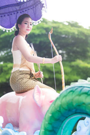 Bangkok, Thailand - April 12, 2015:A Miss Songkran in parade at Sanam Luang area, accompanied by merit-making, a parade and other fun activities.のeditorial素材