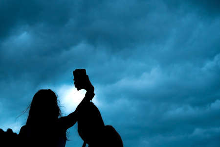 silhouette selfie Couple of young womenの写真素材