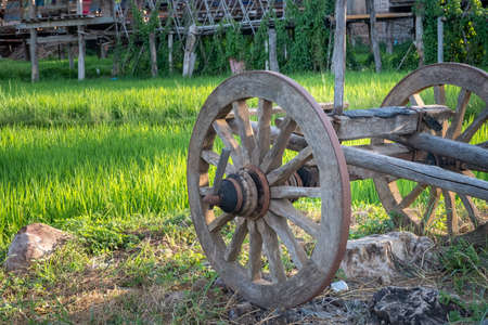 wooden wagon wheel with metal rim in a field  located  in Nan Province,Thailandの写真素材