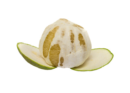 Grapefruit white background Now peel off the shell and the inside color of the grapefruit beside it.の写真素材