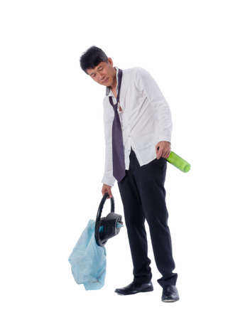 drunk business asia man wear black suit holding wine bottle and steering wheel with air bag on  isolated white backgroundの写真素材
