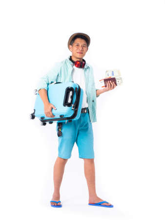 asian smiling man wear hat, blue shirt, blue shorts and sandal isolated white backgroundの写真素材