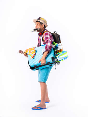 traveler concept.asian funny man wearing snorkel red plaid shirt,blue short and fins holding blank board,copy space isolated white background.の写真素材