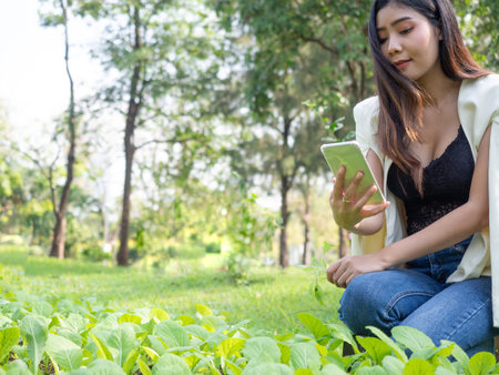 asia business woman farmer smily in garden holding a smart phone
