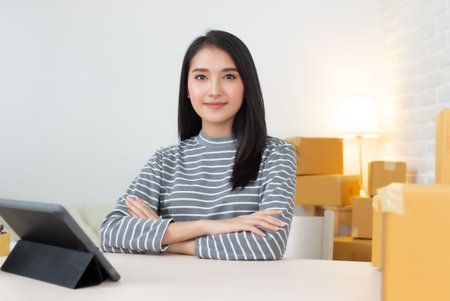 portrait woman startup business happy successful businesswoman sit looking camera