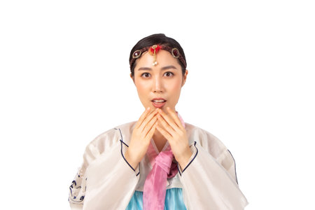 Korean Woman with Hanbok, the traditional Korean dress in white background isolatedの写真素材