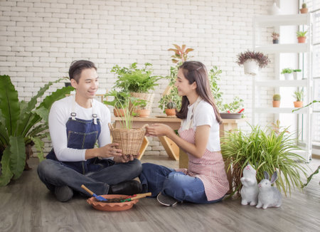 asia entrepreneur beauty woman sitting and holding plant in indoor garden.smiley face gardener wearing apron in plants shopの写真素材