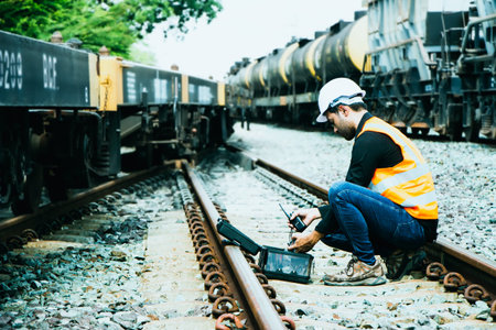 Inspector Engineering wearing helmet and vest worker unifrom checking railway construction work on...