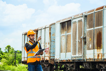 Inspector Engineering wearing helmet and vest worker unifrom checking railway construction work on...