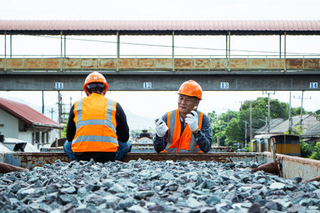 Inspector Engineering wearing helmet and vest worker unifrom checking railway construction work on...