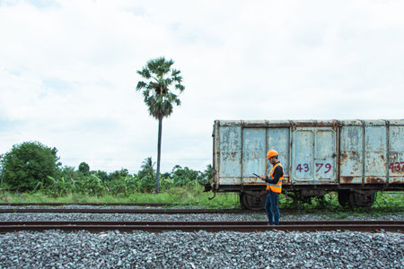 Inspector Engineering wearing helmet and vest worker unifrom checking railway construction work on...