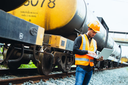 Inspector Engineering wearing helmet and vest worker unifrom checking railway construction work on...