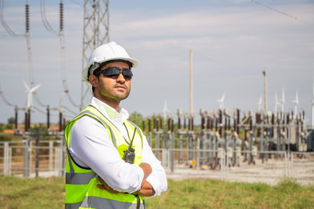 engineer team working in wind turbine farm. Renewable energy with wind generator by alternative energy concept.の写真素材