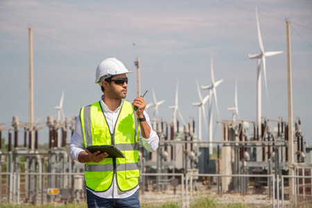 engineer team working in wind turbine farm. Renewable energy with wind generator by alternative...