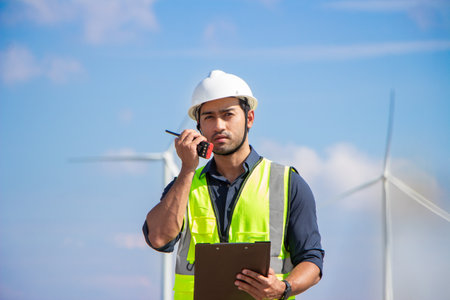 engineer team working in wind turbine farm. Renewable energy with wind generator by alternative energy concept. engineering stood with his arms crossed and looked at the camera.の写真素材