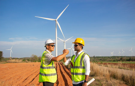 engineer team working in wind turbine farm. Renewable energy with wind generator by alternative...