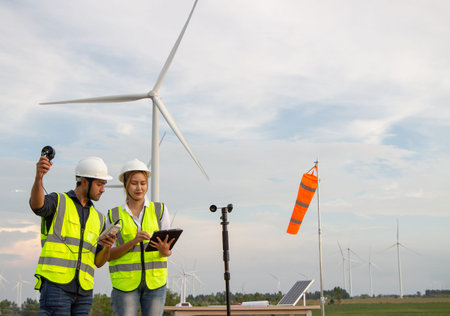 engineer team working in wind turbine farm. Renewable energy with wind generator by alternative...