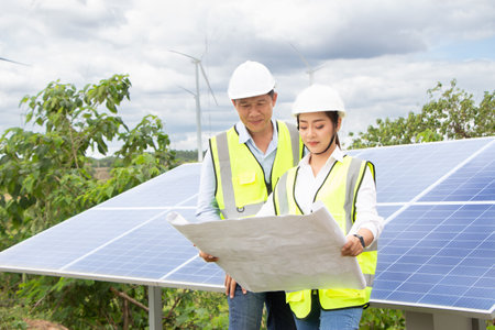 An engineer and a worker looking at a photovoltaic panelの写真素材