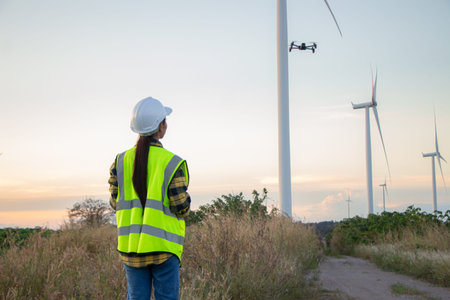 Female engineer standing on wind turbines farm in wind farm field at sunset
