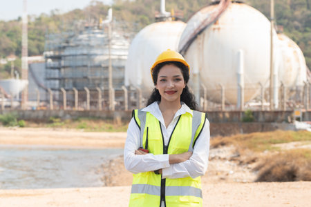 Portrait of Asian engineer woman wearing safety vest and yellow helmet with oil refinery background.
