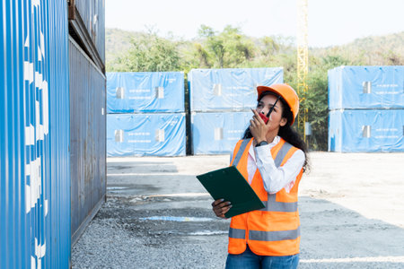 Asian female engineer wearing safety helmet and reflective vest is talking on the phone while holding a clipboard in front of containerの写真素材