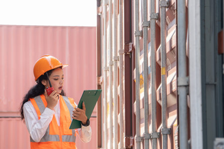 Portrait of Asian female engineer wearing safety helmet and holding clipboard and talking on mobile...
