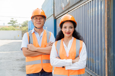 Portrait of asian male engineer and female worker standing with arms crossed at shipping yard