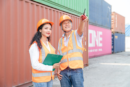 Portrait of Asian engineer and worker wearing safety helmet and holding clipboard and talking on walkie talkie while standing in container yard.の写真素材