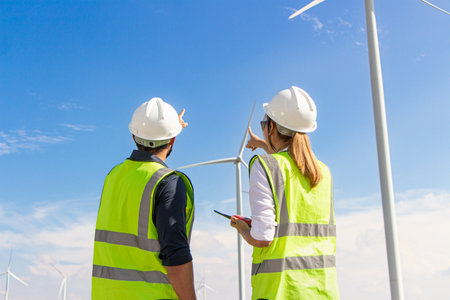 engineer and worker looking at wind turbine on the windmill farmの写真素材