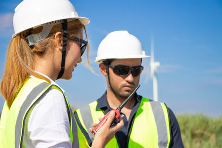 Engineers using walkie talkie on wind turbine farm in the countrysideの写真素材