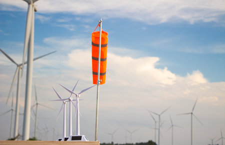 Wind turbines for electric power production, Zaragoza Province, Aragon, Spain.の写真素材