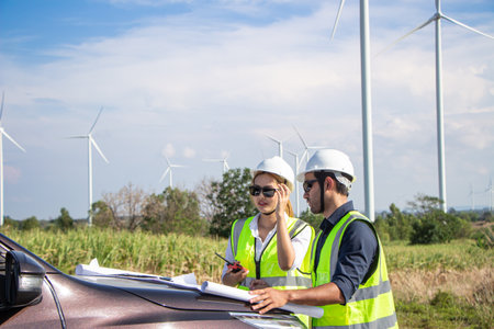 Engineer and Architect working on construction site with wind turbine in the backgroundの写真素材