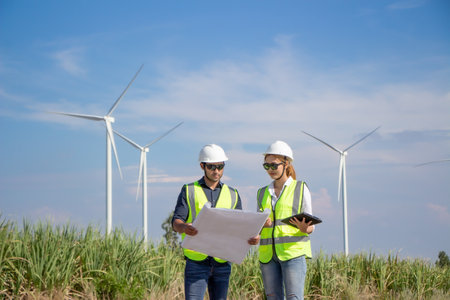engineer and engineer working with wind turbine power generator in wind farmの写真素材