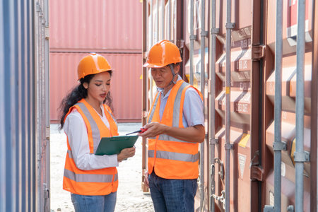 Asian woman engineer wearing safety helmet and reflective vest working with co-worker at overseas shipping container yard. Logistics supply chain management and international goods export concept.の写真素材