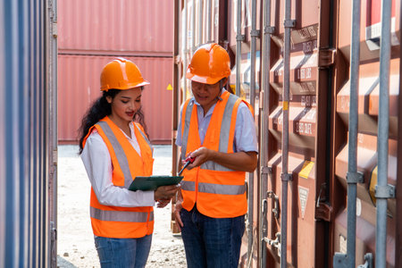 freight and logistic concept - asian woman and man wearing safety vests holding clipboardの写真素材