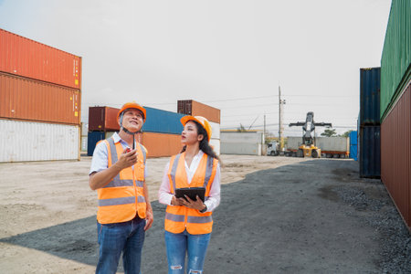 Portrait of female engineer and male supervisor discussing over clipboard while standing at container yardの写真素材