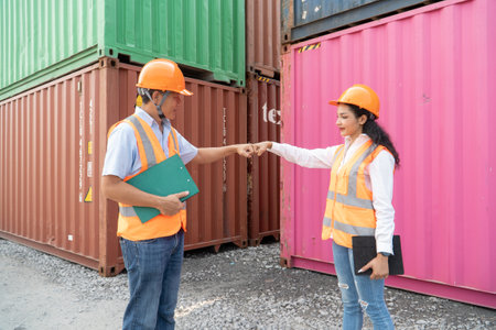 Asian engineer and worker are greeting each other in the shipping yard.の写真素材