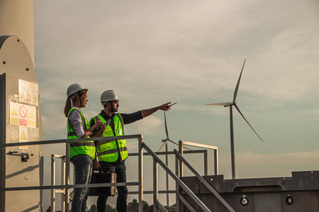 Engineers and windmills for renewable energy in a wind farm.の写真素材