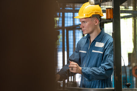 Portrait of a factory worker in a protective helmet and blue uniformの写真素材