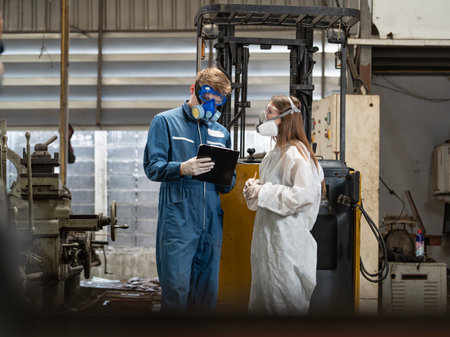 Concentrated male and female workers in protective suits and masks working in the factoryの写真素材
