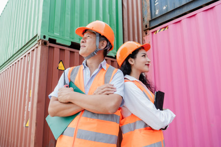 Portrait of Asian engineer and worker wearing safety helmet and holding clipboard while standing at container yardの写真素材