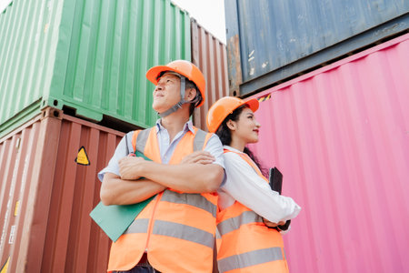 Portrait of engineer man and woman wearing safety helmet and reflective vest standing in front of container.の写真素材