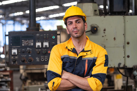 Caucasian engineer using a laptop in a factory. man working in plastics factory.
