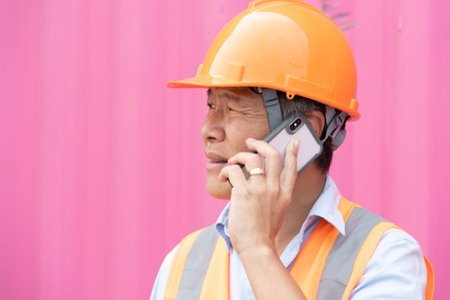 Engineer talking on the phone at the construction site with pink backgroundの写真素材