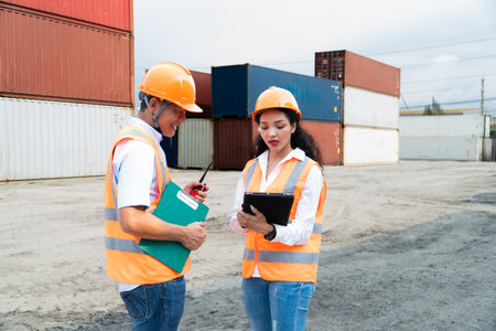 Portrait of engineer and worker discussing with co-worker in container yardの写真素材