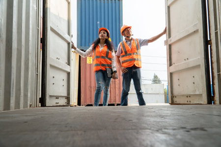 Portrait of a male and female warehouse workers shaking hands while standing at container yardの写真素材