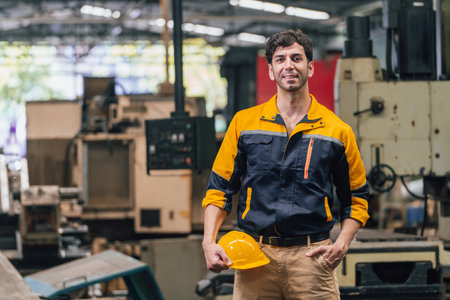 portrait of handsome factory worker standing with safety helmet in factory workshopの写真素材